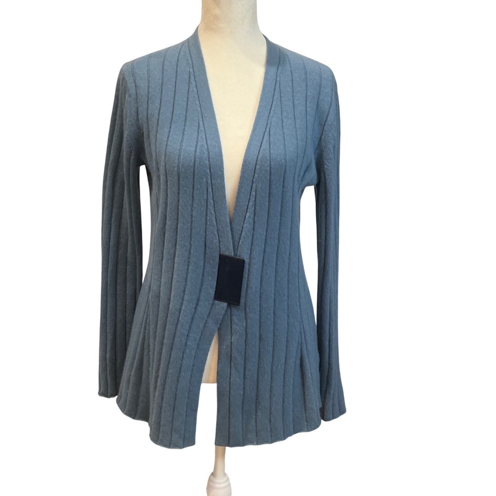 Lafayette 148 New York Cashmere Cardigan Open‎ Front Blue Ribbed Womens Sz P